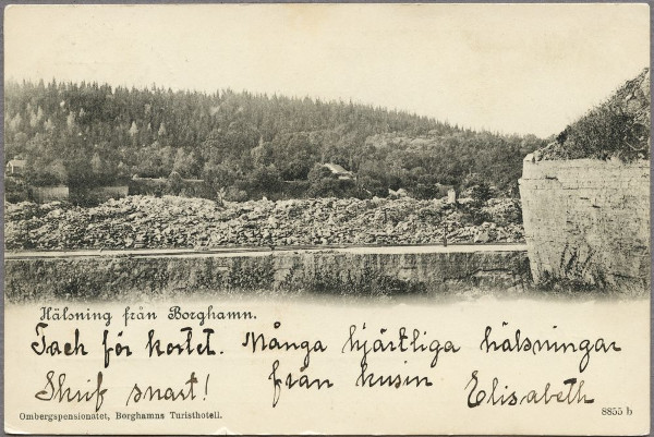 En hälsning från Borghamn: Ombergspensionatet (Borghamns Turisthotell), 1900. Foto: Jvm.KCAC12383